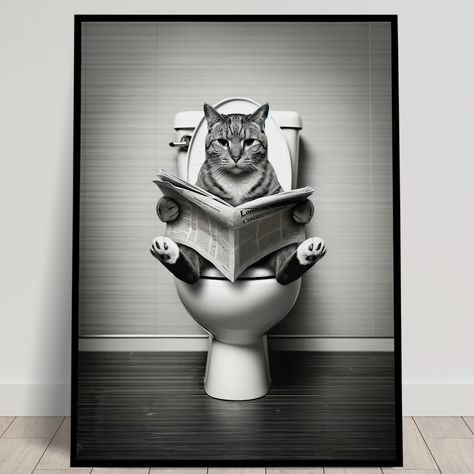 🐈 Design of the Day: Bring some laughter to your bathroom with this funny cat reading on the toilet! A charming black-and-white piece that’s sure to delight cat lovers. A purr-fect gift idea! Check it out at www.balthazartstudio.com #CatPoster #BathroomHumor #FunnyArt #BathroomDecor #GiftIdea #BalthazartStudio #WallArt #ToiletHumor Black White Bathroom, Toilet Poster, Fun Bathroom Decor, Fun Bathroom, Black White Bathrooms, Poster Funny, Cat Reading, Best Bath, Decoration Originale