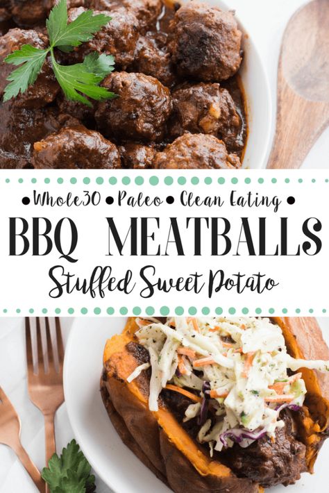 Instant Pot BBQ Meatball Stuffed Sweet Potatoes - Healthy Little PeachHealthy Little Peach Whole30 Beef, Aip Foods, Peach Healthy, Potatoes Healthy, Betty Rubble, Paleo Dinners, Stuffed Potato, Bbq Meatballs, Stuffed Sweet Potatoes