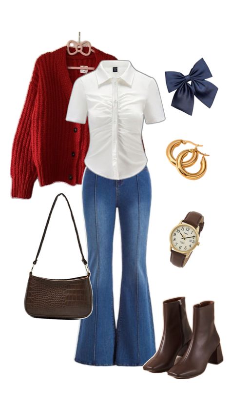 Autendo red sweater, coquette, flared jeans, white shirt, brown ankle boots, brown purse Brown Boots Outfit Ankle, Flare Jeans Outfit Winter, Flare Jeans And Boots, Brown Ankle Boots Outfit, Ankle Boots Outfit, Red Sweater Outfit, Brown Boots Outfit, Flare Jeans Outfit, Collage Outfits