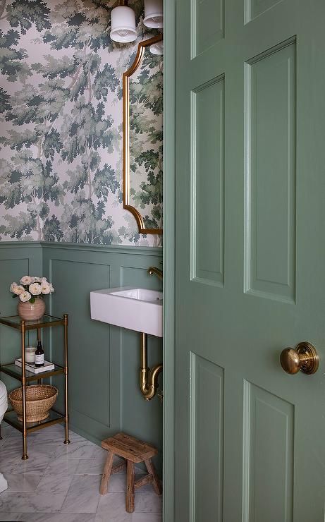 Green Wallpaper Bathroom, Raphael Wallpaper, Bathroom Wainscoting Ideas, Green Powder Room, Chic Powder Room, Elegant Powder Room, Bathroom Wainscoting, Wallpaper Powder Room, Wainscoting Bathroom