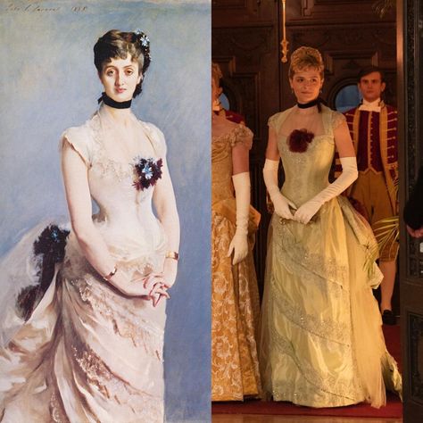 Charlotta on Instagram: “🔹The Gilded Age🔹 The Gilded Age starts from the year 1882. In the show Marian Brooks wears this asymmetrical evening gown with a black…” Gilded Age Portraits, Gilded Age Evening Gown, Gilded Age Inspired Fashion, Gilded Age Aesthetic Fashion, Gilded Age Ball Gown, Guilded Age Ball Gown, Gilded Age Fashion Evening Dresses, Guilded Age Hairstyle, Gilded Age Costumes