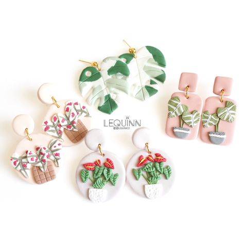 Plant Earrings Clay, Polymer Clay Plant Earrings, Polymer Plant, Clay Plant Earrings, Plant Clay Earrings, Disney Earring, Plant Earrings, Crazy Plant Lady, Diy Earrings Polymer Clay