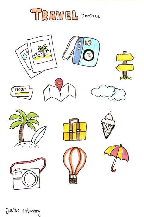 Travel Drawings Easy, Travel Doodles Simple, Traveling Drawings, Road Trip Doodles, Travel Doodle Art, Italy Doodles, Travel Drawing Simple, Vacation Doodles, Traveling Drawing