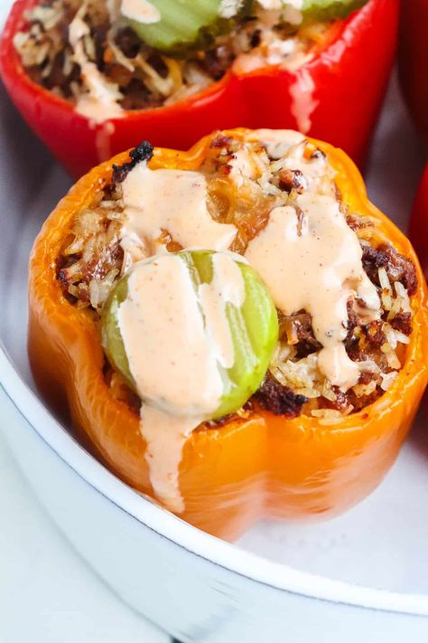 Cheeseburger Stuffed Peppers - Season & Thyme Big Mac Stuffed Peppers, Cheeseburger Stuffed Peppers, Bell Peppers Stuffed, Homemade Big Mac Sauce, Homemade Big Mac, Ground Beef And Rice, Classic Burger, Skillet Dinner Recipes, Burger Seasoning