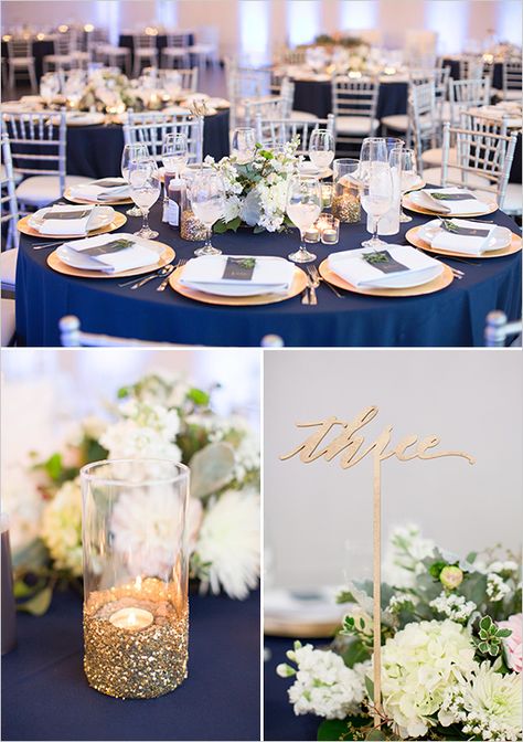 gold and navy table decor ideas @weddingchicks Navy Gold Wedding, Gold Wedding Centerpieces, Navy Blue And Gold Wedding, Navy Table, Blue Gold Wedding, Gold Wedding Colors, Wedding Table Linens, Navy Blue Wedding, Wedding Table Decorations