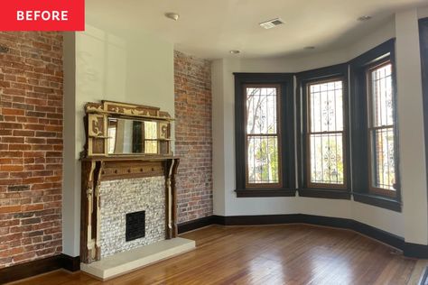 DC rowhouse living room before home staging: White walls, a couple exposed brick walls, unique brick and distressed wood fireplace, dark wood framed windows Shoe Cabinet Ikea, Cabinet Ikea Hack, Victorian Row House, Cabinet Ikea, Ikea Shoe Cabinet, Ikea Entryway, Pole Wrap, Ikea Shoe, Cabinet Base