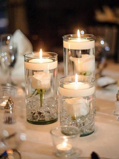 Rustic Modern Wedding Centerpieces, Water Beads Centerpiece With Flowers, Simple Elegant Wedding Table Settings, Simple Table Decor Wedding, Floating Wedding Candles, Wedding Circle Table Decor, Rectangle Table Centerpieces Wedding, Simple Wedding Centerpieces Round Tables, Candles In Water