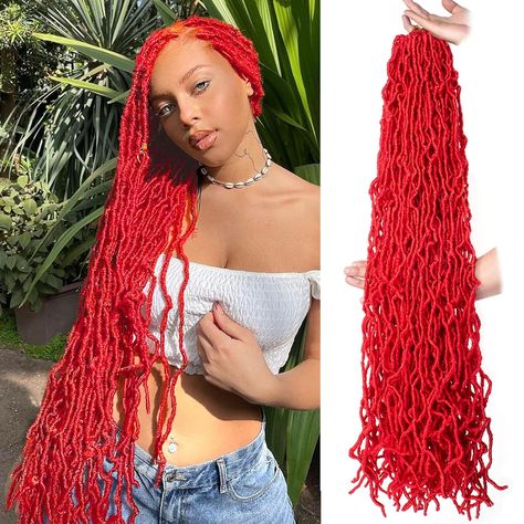 Leeven Red 36 Inch Soft Locs Crochet Braids Hair 3 Pakcs Distressed Faux Locs Long Boho Goddess Locs Natural Butterfly Locs Curly Wavy Synthetic Braiding... Size:36 Inch (Pack of 3) Color:Red Red Distressed Locs, Faux Locs Long, Boho Goddess Locs, Afro Braids, Peekaboo Hair, Dreadlock Extensions, Goddess Locs, Crochet Braids Hairstyles, Faux Locs