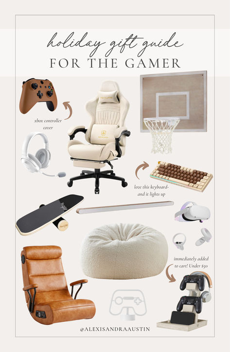 Holiday gift guide for the gamer! Love these finds for the teen boy while still keeping their space styled Holiday gift guide, teen gift guide, gamer gift guide, gaming chair, neutral gaming room, bean bag chair, game finds, neutral Christmas vibes, headphones, Xbox controller, controller stand, Amazon Christmas, found it on Amazon, Pottery Barn finds, neutral boy room, neutral aesthetic, shop the look! Boys Room Gaming Chair, Teen Boy Room Accessories, Aesthetic Luxury Gifts, Playstation Gift Ideas, Gamer Gifts Boys, Neutral Gaming Room, Aesthetic Gaming Chair, Gift Guides For Him, Gamer Chair Aesthetic