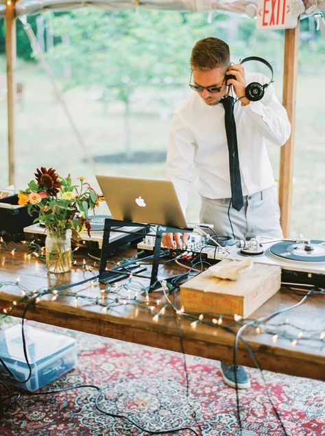 We love the rustic boho chic DJ setup at this Martha's Vineyard wedding Diy Dj Wedding, Dj Table Wedding, Outdoor Wedding Dj Setup, Dj Set Up Wedding, Dj Setup Wedding, Wedding Dj Table, Diy Wedding Dj, Wedding Dj Checklist, Dj At Wedding