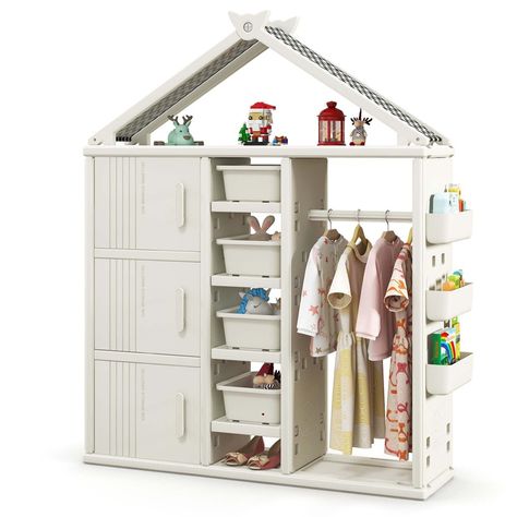 Are you looking for extra storage space for your kids to store coats, dresses and toys? This easy-to-assemble kids closet will meet your needs. It features a sturdy rod for hanging clothes and 4 open layers with boxes, 3 enclosed cubes as well as 3 side baskets for storing toys, books, shoes and so on. Made of premium HDPE, the whole storage organizer closet is stable and has good weight capacity. Meanwhile, it’s safe for kids to use thanks to its anti-toppling device which can attach it to the Kids Costume Storage, Closet With Storage, Dresser With Storage, Costume Storage, Storage Bin Shelves, Side Basket, Kids Room Grey, Baskets For Kids, Shelves White