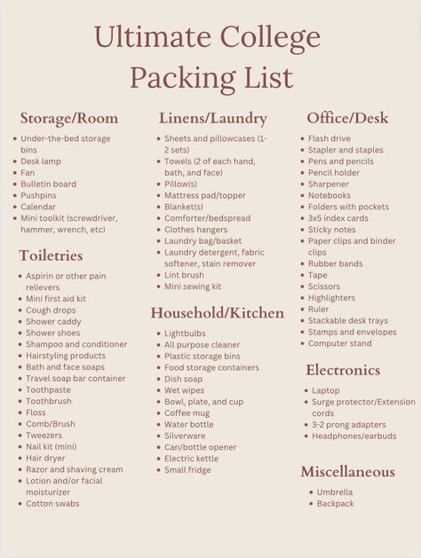 What To Pack For Dorm College Students, List Of Things To Bring To College, Dorm Toiletries List, Collage Needs List, Things To Take To University, Hostel Must Haves, First Year University Packing List, Things To Pack For College, First Year College Packing List