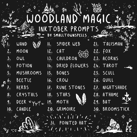 Promt List Drawing, Inktober Alternative List 2024, Fall Art Prompts, Tattoo Drawing Prompts, Tattoo Prompt List, Nature Drawing Prompts, Whimsical Drawing Prompts, Monthly Art Prompts, October Art Prompts