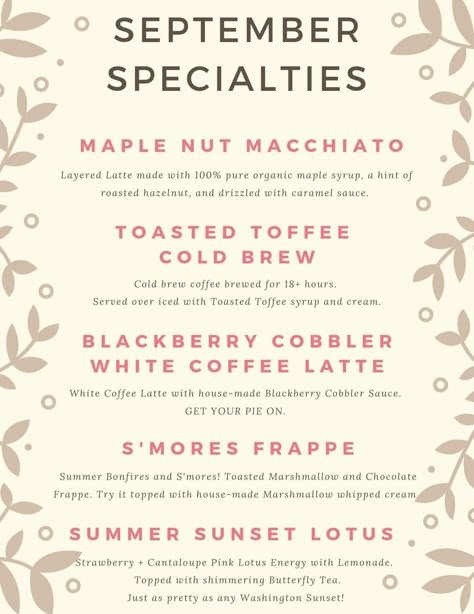 Coffee Shop Drink Specials Ideas, August Coffee Specials, September Coffee Drinks, November Coffee Drinks, Lotus Combos, Flavored Latte Recipes, Fall Teas, Lotus Drink Ideas, Summer Coffee Drinks