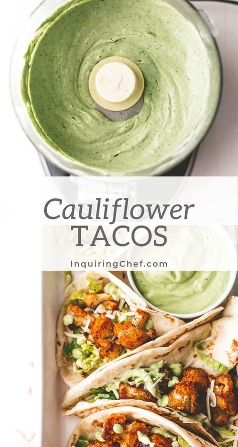 You won't miss the meat in these plant-based tacos with seasoned, roasted cauliflower and avocado crema. Summer Cauliflower Recipes, Buffalo Cauliflower Tacos, Cauliflower Taco, Budget Bites, Roasted Cauliflower Tacos, Vegan Buffalo Cauliflower, Oven Roasted Salmon, Lazy Vegan, Homemade Buffalo Sauce