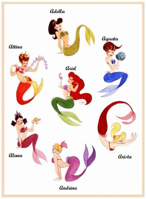 Ariel, Adella, Aquata, Arista, Andrina, Alana, Attina Ariels Sisters, Disney Amor, Character Design Cartoon, Animation Disney, Ariel Disney, Princess Ariel, Disney Fairies, Disney Ariel, Art Women