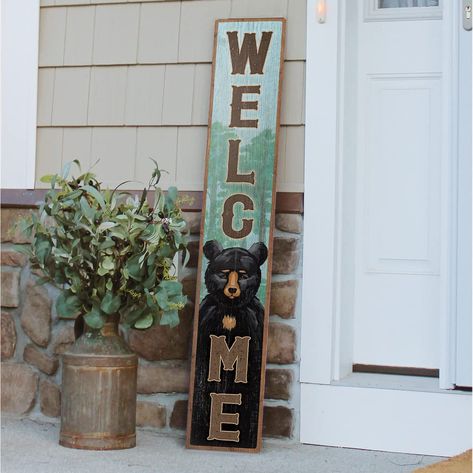 PRICES MAY VARY. Highest Quality Materials: This handcrafted Porch Board Hanging Welcome Sign and Porch leaner is made of a specially developed, 100% weatherproof, composite material that will not rot, warp, or fall apart with rain. It is printed with weatherproof UV Inks that won’t fade, peel or crack. It measures 8” high x 46.5” wide x .4” thick, weighs 3.5 lbs. and is designed for both Outside and Inside home, door and porch decoration use. Beautifully Crafted Sign for Every Occasion: Our ver Bear Welcome Sign, Bear In Forest, Welcome Sign Porch, Front Porch Deck, Fall Decor Signs, Cricut Business, Porch Wood, Yard Deck, Porch Wreath