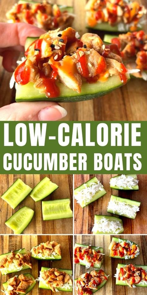 low calorie cucumber boats Teriyaki Chicken Cucumber Boats, Teriyaki Chicken Cucumber Sushi, Cucumber Boats Recipes, Chicken Cucumber Boats, Stuffed Cucumbers, Boat Recipes, Healty Meals, Cucumber Boats, Chicken Cucumber