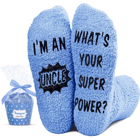 PRICES MAY VARY. UNCLE GIFTS: Are you searching for a cool uncle gift? Our blue uncle socks feature a secret message written in non-slip ink: "I'M AN UNCLE, WHAT'S YOUR SUPERPOWER?" They make an excellent gift for the best uncle! SIZE & MATERIAL: These fuzzy socks are made of plush coral fleece, providing ultimate comfort and warmth. Designed to fit men's shoe sizes 6-10. Our fuzzy socks also feature black non-slip soles, ensuring your safety on wood and tile floors. CUPCAKE PACKAGING: To ensure Funny Letter Print Socks Gift, Funny Letter Print Socks As Gift, Funny Blue Socks For Gift, Comfortable Non-slip Socks For Gift, Comfortable Non-slip Socks As Gift, Uncle Birthday Gifts, Gifts For Elderly, Silly Socks, Gigi Gift