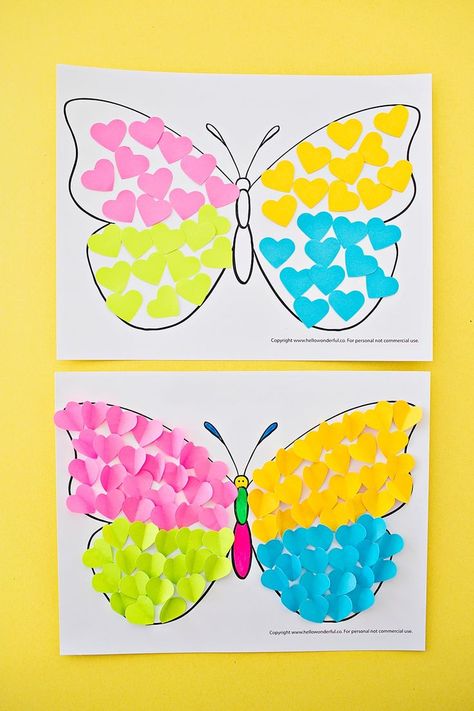 Butterfly Paper Heart Craft. Make a colorful butterfly as a cute spring or summer art project for kids! #summercraft #springcraft #kidscraft #butterfly #butterflycraft Diy – Velikonoce, Hello Wonderful, Summer Art Projects, Heart Craft, Aktiviti Kanak-kanak, Spring Crafts For Kids, Mason Jar Crafts Diy, Daycare Crafts, Butterfly Crafts