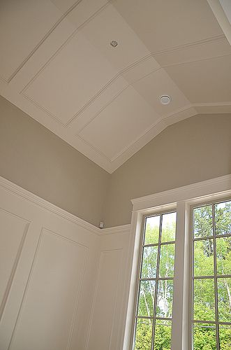 Vaulted coffered ceiling design. | A good example of a moder… | Flickr Vaulted Coffered Ceiling, Faux Beams Vaulted Ceiling, Ceiling Molding Ideas, Doorway Trim, Detailed Ceiling, Crown Molding Vaulted Ceiling, Sunroom Playroom, Painted Ceiling Beams, Slanted Ceiling Bedroom