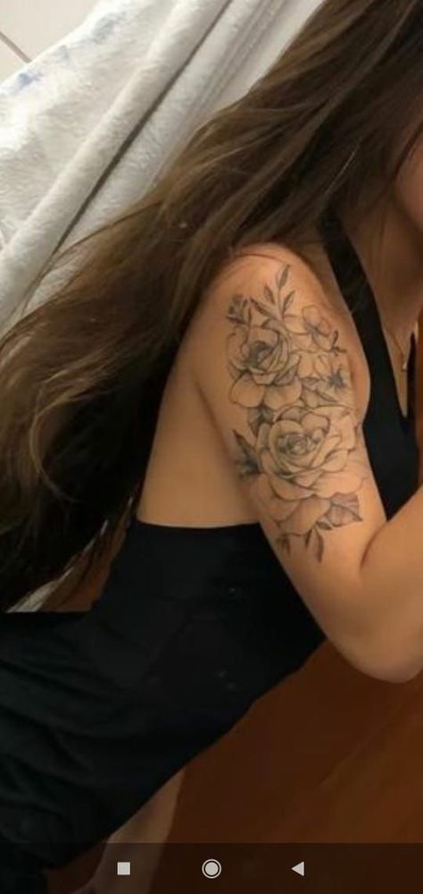 Flower Arm Shoulder Tattoos For Women, Womans Arm Tattoos Classy, Upper Left Arm Tattoos For Women, Flower Tattoos On Upper Arm, Simple Flower Shoulder Tattoo, Full Sleeve Floral Tattoos Women, Small Floral Shoulder Tattoo, Upper Arm Rose Tattoos For Women, Rose Upper Arm Tattoo