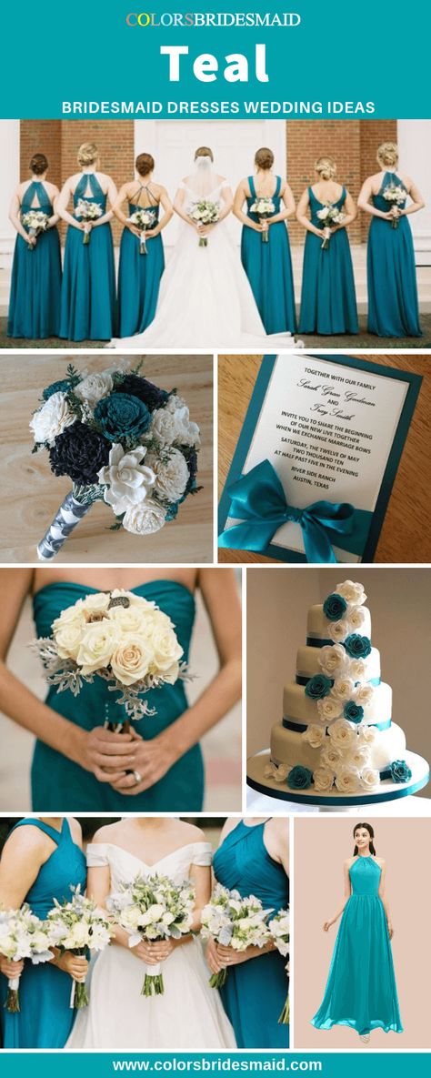 Teal bridesmaid dresses, great for weddings with white bridal gown, bouquets, and wedding cakes and invites in white and teal. #colsbm #bridesmaids #tealdress #weddingideas #tealwedding b951 Tourquise Wedding Dress, Teal Color Wedding Theme, Rustic Theme Bridesmaid Dresses, Jade Bridesmaid Dresses Color Schemes, Wedding Teal, Teal Wedding Dresses, Teal Bridesmaids, Teal And White Wedding Theme, Blue And Teal Wedding Theme