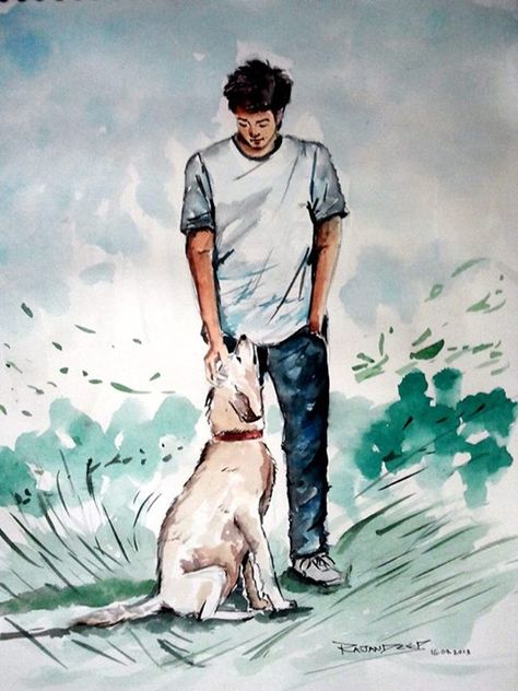 A man petting his dog. Artwork in watercolor medium, by me. Man With Dog Drawing, Person With Dog Drawing Reference, Dog And Human Drawing, Man With Dog Aesthetic, Man And Dog Drawing, Playing With Dog Drawing, Dog From Behind Drawing, Man And Dog Painting, Man Walking Dog Painting