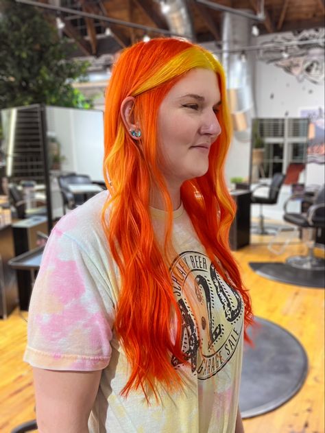 Orange hair with yellow money pieces Orange Hair Yellow Money Piece, Orange Money Piece Hair, Red And Yellow Hair, Orange And Yellow Hair, Money Pieces, Money Piece, Colorful Hair, Yellow Hair, Orange Hair