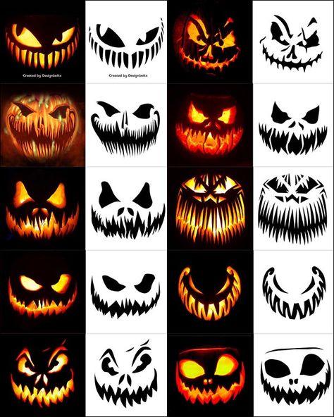 420+ Free Printable Halloween Pumpkin Carving Stencils, Patterns, Designs, Faces & Ideas Pumpkin Face Templates, Printable Pumpkin Carving Stencils, Labu Halloween, Stencils Patterns, Scary Pumpkin Faces, Halloween Gesicht, Pumpkin Carving Stencils, Scary Halloween Pumpkins, Halloween Pumpkin Carving Stencils