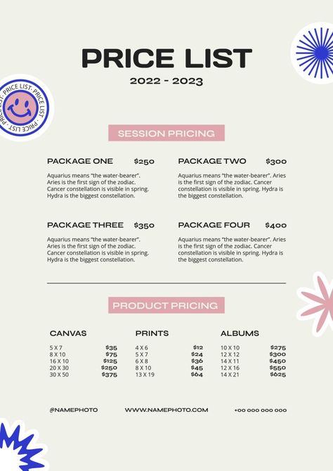 Branding Price List Design, Pricing Graphic Design, Graphic Design Pricing List, Graphic Design Packages Pricing, Pricing Design Layout, Services List Design, Price Design Layout, Canva Price List Ideas, Price List Design Photography