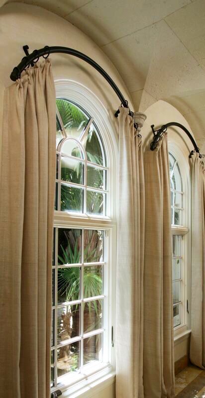 Arched Window Coverings, Curtains For Arched Windows, Bathroom Window Coverings, Curved Curtain Rods, Arched Window Treatments, Curtains Style, Painted Curtains, Window In Shower, Window Curtain Rods