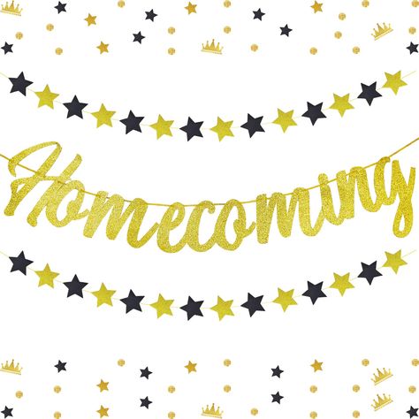 PRICES MAY VARY. Hoco decoration kit: 1 homecoming letter banner, 1 black and gold pentacle garland Color: The main colors of this Hoco decoration kit are black and glittery gold. The black is the classic color which could match other additions in the hoco dance party. And the glittery gold will catch your eyes at once, creating a hot atmosphere to your party. Easy to decorate: The homecoming banner composes of ten letters and is pre-strung, you just need to spend some minutes to hang it on some Homecoming Banner, School Supplies Black, Hoco Dance, Homecoming Decorations, High School Dance, Letter Banner, Welcome Back To School, School Dance, School Dances