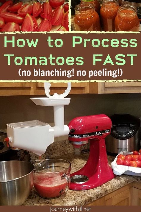 Skip blanching tomatoes and use the KitchenAid's Fruit and Vegetable Strainer Attachment to cut the time it takes to prepare your tomatoes for canning. #kitchenaid #tomato Processing Tomatoes For Sauce, Process Tomatoes, Blanching Tomatoes, Tomatoes For Canning, Canning Room, Kitchenaid Mixer Attachments, Tomato Canning, How To Make Tomato Sauce, Kitchenaid Recipes