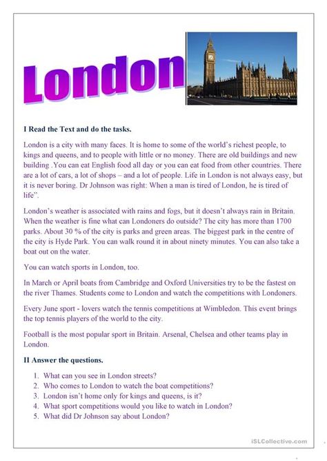 London - English ESL Worksheets for distance learning and physical classrooms English Essays, Esl Reading, Learning Reading, Esl Teaching Resources, Reading Comprehension Lessons, Better English, Social Studies Worksheets, English Story, Reading Practice