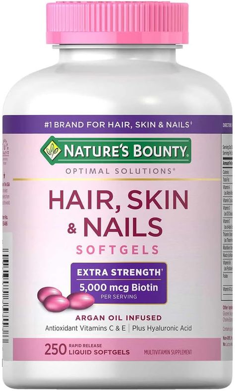 Nature's Bounty Hair Skin and Nails 5000 mcg of Biotin - 250 Coated Tablets Extra Strength (Four Bottles each of 250 Softgels) 1 4.0 Count. #ad #hairgrowth #collage #growhair #grownails #glowingskin Nature's Bounty Hair Skin And Nails, Nails Vibrant, Vitamin E Hair, Hair Skin Nails Vitamins, Nails Extra, Biotin Hair, Nail Vitamins, Glutathione Whitening, Hair Skin And Nails