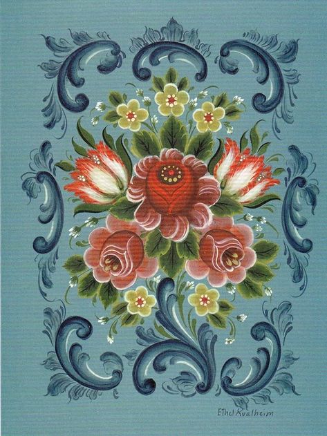 rosemaling | Rosemaling Rosemaling Pattern, Motifs Art Nouveau, Norwegian Rosemaling, زجاج ملون, Tole Painting Patterns, Russian Folk Art, Folk Art Flowers, Scandinavian Folk Art, Tole Painting