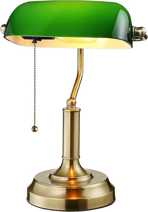 TORCHSTAR Green Glass Bankers Desk Lamp, UL Listed, Antique Desk Lamps with Brass Base, Traditional Library Lamp with Pull Chain, E26 Base, Vintage Desk Lamp for Office, Study Room - Amazon.com Academia Bedroom Ideas, Antique Wooden Desk, Dark Academia Bedroom Ideas, Banker Lamp, Dark Academia Bedroom, Traditional Library, Academia Bedroom, Lamp Fixtures, Library Lamp