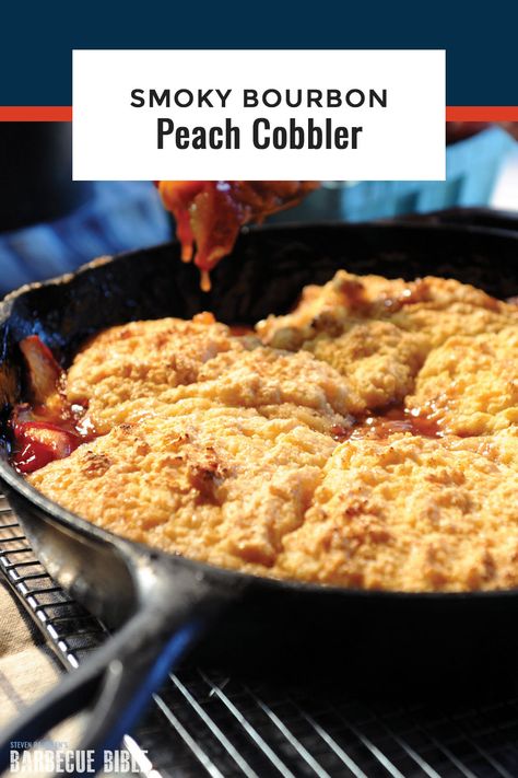 This Smoky Bourbon Peach Cobbler is ratcheted up with a little bourbon, a hint of maple syrup and a whole lot of pecan wood smoke. #dessert Treager Peach Cobbler, Green Egg Dessert Recipes, Smoked Bourbon Peach Cobbler, Smoked Peach Cobbler Recipes, Traeger Peach Cobbler, Smoker Peach Cobbler, Peach Cobbler On The Smoker, Peach Cobbler On The Grill, Bbq Cookoff Ideas