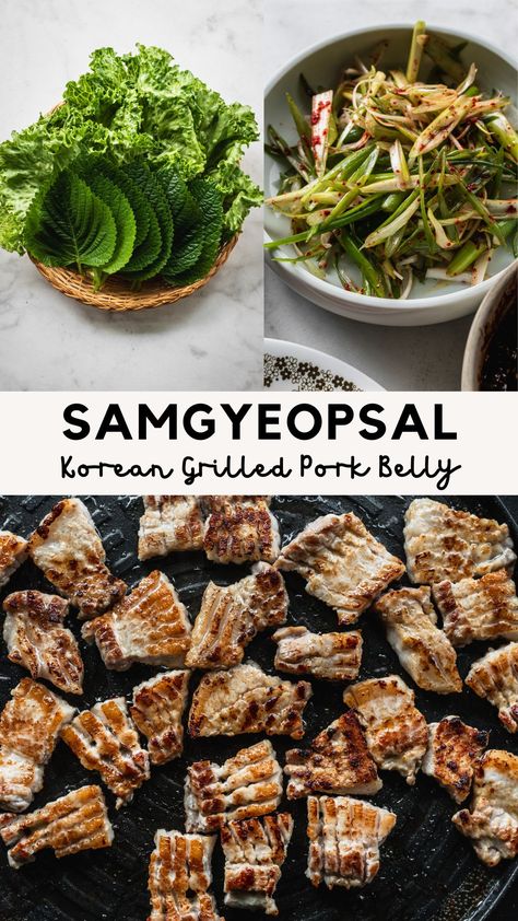 Korean grilled pork belly (samgyeopsal) on plate with green onions and lettuce wraps Korean Pork Belly Lettuce Wraps, Korean Bbq Dipping Sauce Pork Belly, Korean Bbq Lettuce Wraps, Korean Grilled Pork Belly, Korean Grill At Home, Korean Pork Belly Recipes, Pork Belly Lettuce Wraps, Korean Bbq Pork Belly, Korean Grilled Pork