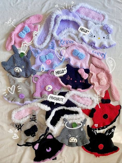 Y2k Fashion Crochet, Crochet Projects Y2k, Kawaii Crochet Accessories, Bunny Bucket Hat Crochet, Kawaii Crochet Ideas, Hello Kitty Bucket Hat, Kawaii Crochet Pattern, Hello Kitty Chucky, Crochet Bonnets