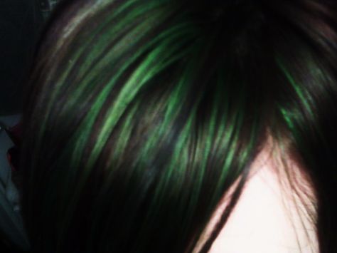 I am really digging these dark -ish green highlights.  Wonder if I can convince Meghan I'm not to old to have them.  ;)  But maybe just a few hidden under my hair?? Black Hair Green Streaks, Green Highlights Short Hair, Neon Green Hair Streaks, Green Highlights Hair, Black Hair With Green Highlights, Green Hair Streaks, Green Hair Color Ideas, Black And Green Hair, Highlights Hair Color Ideas