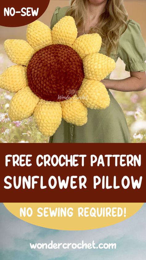 Crocheted Sunflower Pillow, Sunflower Crochet Pattern Pillow, Crochet Sunflower Pillow Cover, Crochet Amigurumi Sunflower Pattern Free, Crochet Projects Free Pattern Clothes, Sunflower Plushie Crochet, Simple Fast Crochet Projects, Crochet Sunflowers Free Pattern Easy, Sunflower Crochet Patterns Free