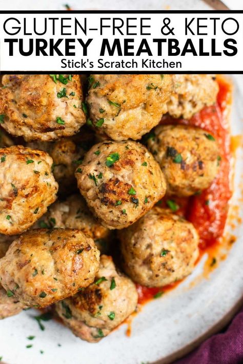 These gluten-free and keto turkey meatballs are made with lean ground turkey, almond meal, fresh grated Parmesan, egg, and a handful of seasonings. They're quick, easy, and delicious. #turkeymeatballs #ketomeatballs #glutenfreemeatballs #glutenfreeturkeymeatballs #ketoturkeymeatballs #weeknightdinner #meatballrecipe #meatballs #italiandinner Ground Chicken And Turkey Meatballs, Keto Ground Turkey Meatballs, Ground Turkey Keto Recipes, Keto Turkey Meatballs, Healthy Turkey Meatballs, Gluten Free Turkey Meatballs, Keto Turkey, Ground Turkey Meatballs, Gluten Free Meatballs