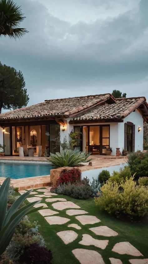 Spanish Ranch Style Homes Kitchen, Mediteranian Modern House, Modern Spanish House Interior, Spanish Style Home Kitchen, Small Spanish Cottage, Countryside House Modern, Hacienda Style Exterior, Spanish Villa Design, Spanish Villa Home Exterior