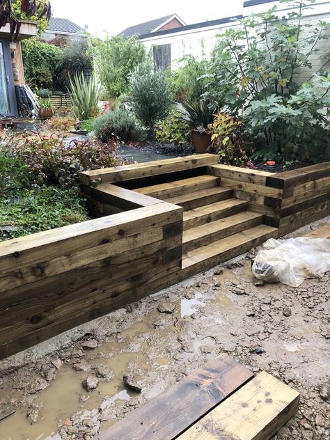 Railway sleeper steps pre lighting Garden Railway Sleepers, Sloped Garden Ideas, Timber Steps, Sleeper Steps, Functional Garden, Small Garden Landscape, Sloped Yard, Hillside Garden, Garden Railway