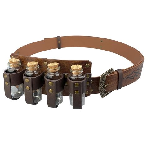 PRICES MAY VARY. COOL DESIGN- Featuring fantasy embossing for a distinctive and magical look, this belt comes equipped with four glass potion bottles, ideal for storing small amounts of liquids or small accessories. Each bottle is securely fastened yet easily accessible. The belt is sure to stand out on any adventure. GRADE FAUX LEATHER- Handcrafted with the atmosphere of the times, premium faux leather but has the feel of genuine leather, cheaper and more protective than genuine leather. We lov Fantasy Pouch Belt, Belt With Potions, Potion Belt Drawing, Fantasy Clothing Accessories, Belt Potion Holder, Barbarian Accessories, Apothecary Aesthetic Outfit, Potion Belt Diy, Fantasy Belt Design