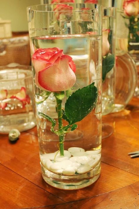 How To Submerge Flowers | Miss Kopy Kat Submerged Flower Centerpiece, Submerged Flowers, Water Centerpieces, Wet Flowers, Valentine Flowers, Flowers For Valentines Day, Vase With Lights, Rose Centerpieces, Rose Arrangements