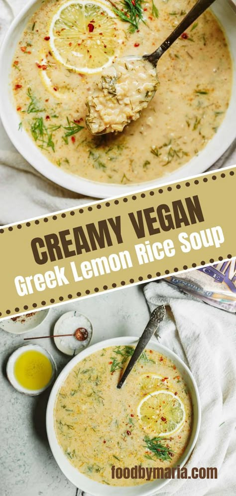 Creamy Vegan Greek Lemon Rice Soup. My favorite Greek soup (avgolemono) has turned vegan and it’s one of my favs. This Greek Lemon Rice Soup is super creamy, authentic, easy, and can be whipped up in one pot. I promise you’ll love this one. Andrew loves the traditional non-vegan version of this soup, so I’ll make it for him on occasion when we have eggs. Rice Soup Vegan, Greek Lemon Rice Soup, Lemon Rice Soup, Greek Lemon Rice, Avgolemono Soup, Vegan Greek, Lemon Soup, Rice Soup Recipes, Soup Appetizers