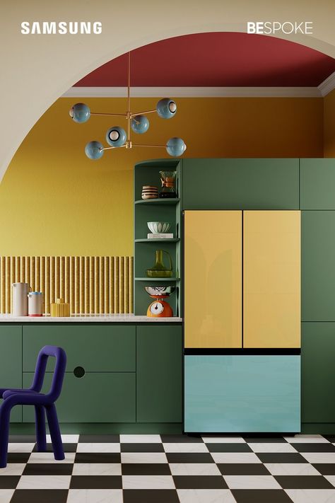 Colorful Refrigerator Kitchen, Memphis Kitchen Design, Colour Block Kitchen, Colourful Modern Kitchen, Bauhaus Kitchen Design, Postmodern Kitchen, Kitchen Design Colorful, Memphis Kitchen, Samsung Bespoke Kitchen